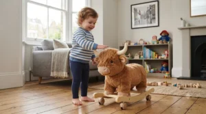 Scale reference showing the rolling plush animal ride-on sized perfectly for a one-to-three-year-old.