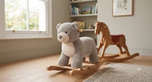 A selection of classic wooden and soft plush rocking animal ride-ons suitable for British nurseries and playrooms.