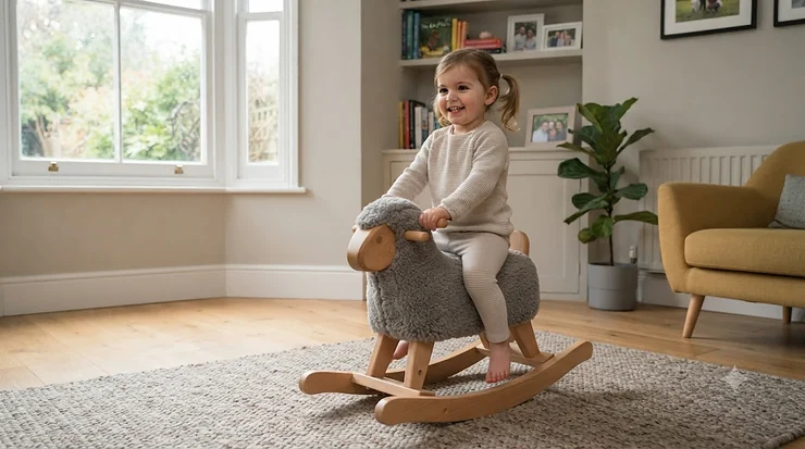 A classic wooden animal ride-on toy for toddlers in a bright nursery playroom. wooden animal ride-on