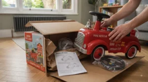 New fire engine ride-on toy out of the box ready for easy assembly at home.