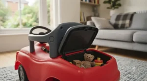 Lift-up seat revealing the under-seat storage boot of a toddler ride-on toy car.