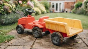 A durable, weather-resistant ride-on tipping truck parked on a flagstone patio in a British garden, built to withstand typical outdoor conditions.