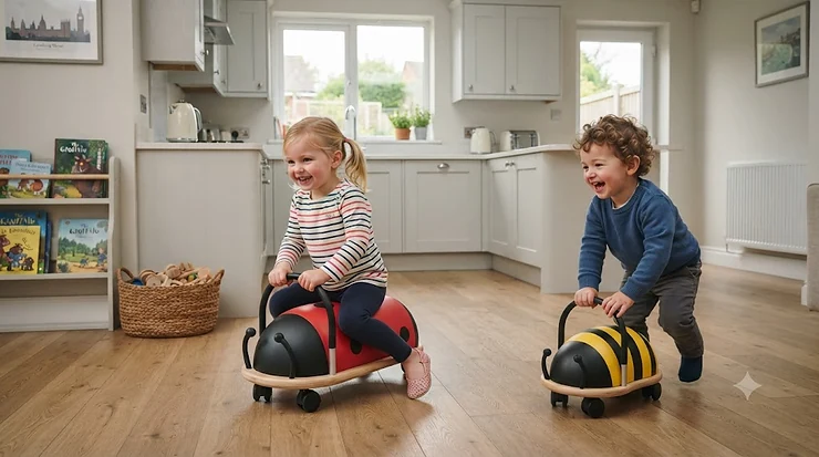 Small Wheelybug bee and ladybird ride-on toys side by side on a wooden floor, comparing their yellow-black and red-black designs. Wheelybug bee vs ladybird