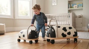 Wheelybug cow ride-on neatly stored in a child’s modern British nursery playroom.