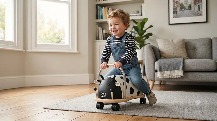 Toddler happily riding the original Wheelybug cow ride-on toy in a modern British living room. Wheelybug cow ride-on