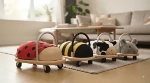 The Wheelybug ladybird displayed alongside other classic animal ride-on toy designs.