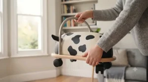 Durable and wipe-clean polyurethane leather cover on the Wheelybug cow ride-on.