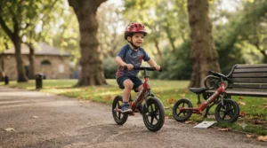 Close-up of a parent adjusting the quick-release seat clamp on an adjustable Strider balance bike