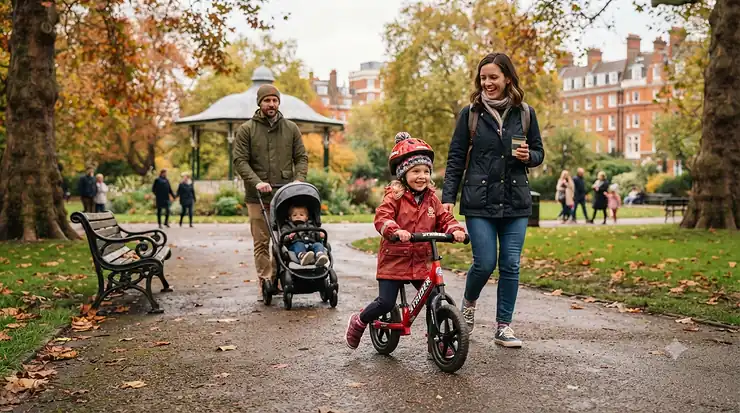 A durable Strider balance bike parked safely near autumn leaves on a damp footpath during outdoor play Strider balance bike