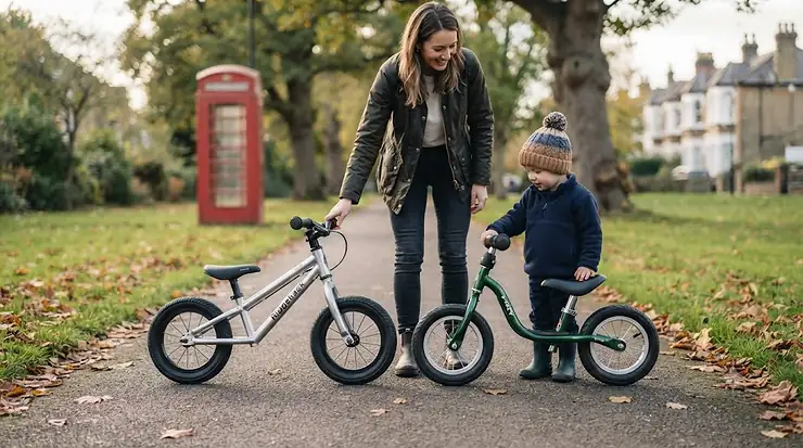 Side-by-side comparison of an aluminium and a steel balance bike parked in a British park to help parents choose the best lightweight ride-on toy. aluminium vs steel balance bike