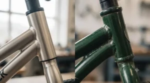Close-up detail comparing the smooth welds and finish of aluminium versus steel balance bike frames.