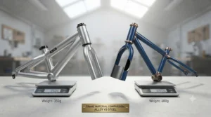 Side-by-side comparison diagram highlighting the differences between aluminium and steel frames for metal balance bikes.
