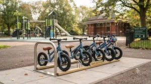 Several colourful metal balance bikes lined up outside a children's play area in a British public park.