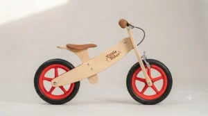 Side profile of a lightweight wooden balance bike featuring an easy-to-reach rear safety brake.