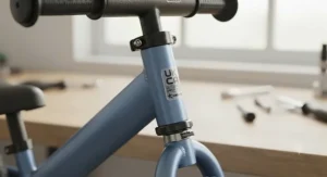 Safety certification label and steering limiter on a balance bike meeting UK and European safety standards.
