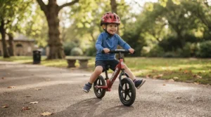A child balancing with feet raised on the footrests while coasting downhill on a Strider balance bike