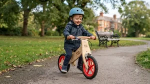 Young child wearing a safety helmet while gliding on a wooden balance bike with a handbrake.