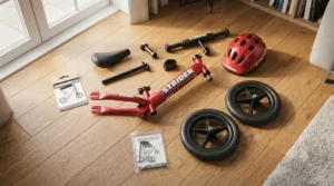 Essential safety accessories including a child-sized cycle helmet beside a yellow Strider balance bike