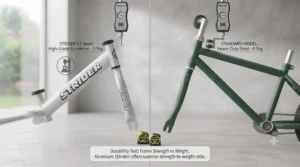 Illustration highlighting the heavy-duty steel frame construction of a Strider balance bike compared to a standard model.