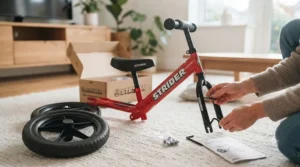 Unboxed components showing the quick and simple assembly process for a Strider toddler balance bike.[cite: 7]