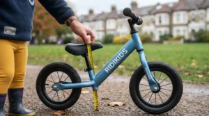 Parent measuring a child's inside leg to find the correct size for their first balance bike