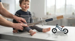 Sizing chart illustration showing a toddler measuring their inside leg to find the right fit for metal balance bikes.
