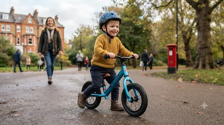 Lightweight aluminium balance bike for toddlers learning to ride in a UK park lightweight aluminium balance bike, sturdy steel balance bike for toddlers
