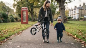 Parent easily carrying a lightweight aluminium balance bike under one arm during a family walk.