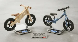 Infographic showing the weight difference between lightweight metal frames and traditional wooden balance bikes.