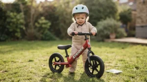 A young girl easily carrying her pink Strider balance bike over her shoulder in a playground