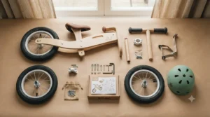 A parent easily carrying a lightweight wooden balance bike by its integrated carry frame.