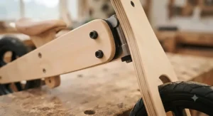 Close-up of a lightweight wooden balance bike frame highlighting smooth, splinter-free curved birch wood.