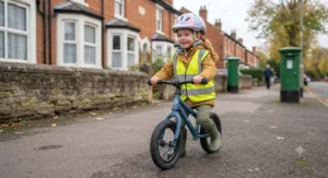 A metal balance bike neatly packed in a branded cardboard box ready for home delivery.