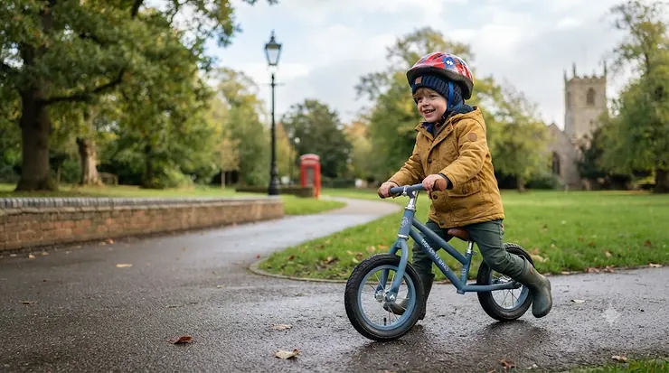 A toddler learning to ride a lightweight metal balance bike on a path in a British park. metal balance bike metal balance bike
