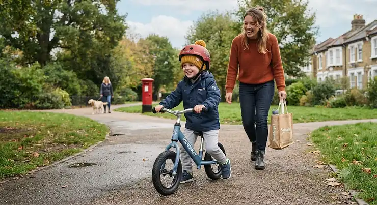 Metal balance bike with adjustable seat in a British park, ideal for toddlers learning to ride metal balance bike with adjustable seat
