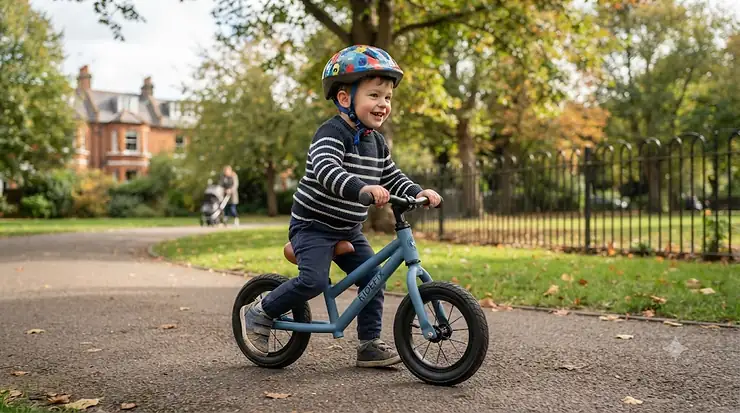 A young child riding a lightweight metal balance bike on a paved British park path during autumn. metal balance bikes