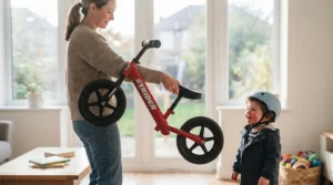 A parent easily carrying the ultra-lightweight frame of a Strider toddler balance bike during an outdoor walk.[cite: 4]