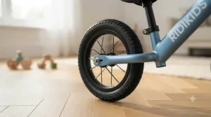 Close-up of air-filled pneumatic tyres on a child's first balance bike for rougher terrain