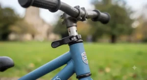 Detail view of air-filled pneumatic tyres and spoked wheels on a children's metal balance bike.