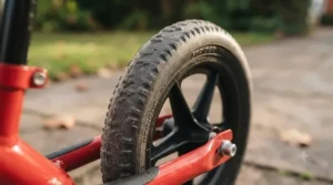 Close-up of durable, puncture-proof foam tyres on a Strider balance bike for all-weather outdoor use.[cite: 9]