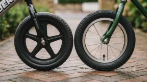 Comparison of maintenance-free EVA foam tyres on a Strider balance bike versus pneumatic rubber tyres on a standard model.