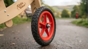 Durable airless rubber wheels on a wooden balance bike designed for smooth outdoor riding.