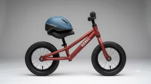 Side profile of a lightweight steel frame balance bike for toddlers, featuring puncture-proof tyres.