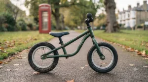 A sturdy steel balance bike showing robust frame construction built to withstand outdoor British weather.