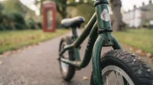 A well-loved steel balance bike showing natural patina and long-term durability over years of use.
