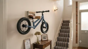 A compact metal balance bike neatly stored on a wall rack in a typical British terraced house hallway.