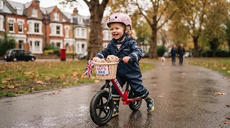 A colourful display of Strider balance bike accessories, including a helmet, grips, and a basket, laid out neatly for a toddler's bike Strider balance bike accessories