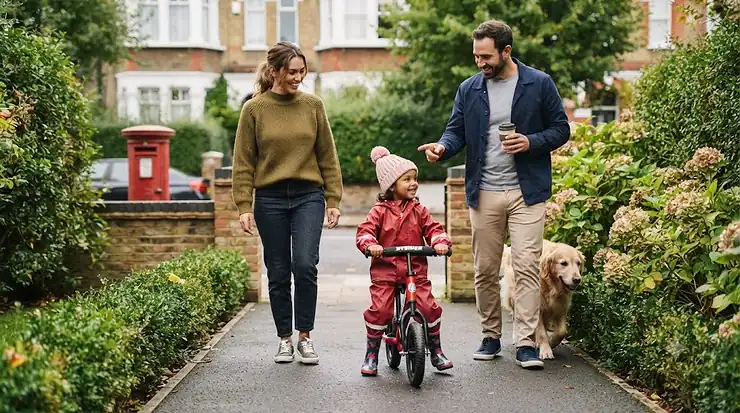 Side-by-side comparison of a red Strider balance bike and a traditional wooden standard balance bike in a British park. Strider balance bike vs standard balance bike