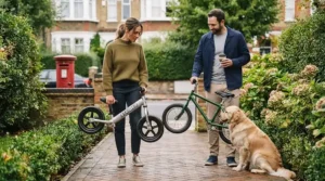 Parent easily carrying a lightweight aluminium Strider balance bike alongside a heavier standard steel balance bike.