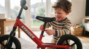 Adjustable seat and handlebar features on a lightweight Strider balance bike suitable for growing toddlers.[cite: 2]